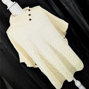 TALBOTS! VANILLA CREAM CABLE KNIT CAPE STYLE SWEATER, BUTTON COLLAR! SZ S
